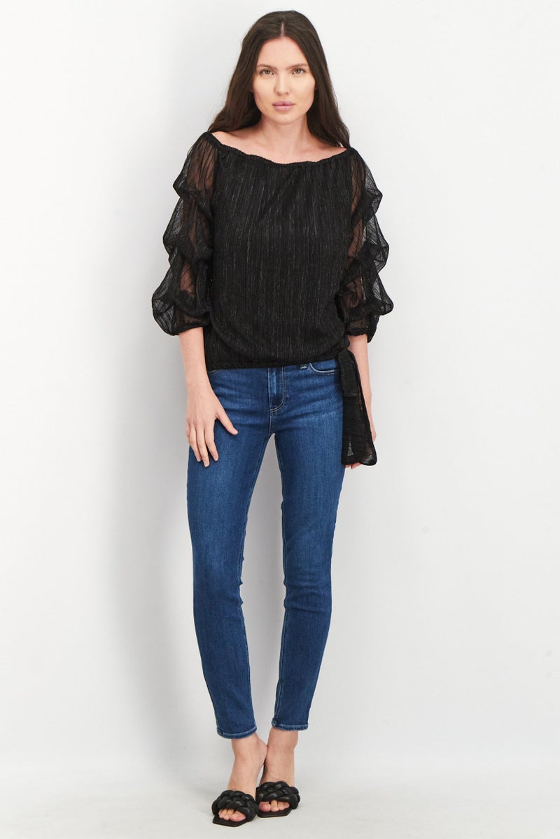Women Bateau Neckline Tiered Sleeves Metallic Top, Black