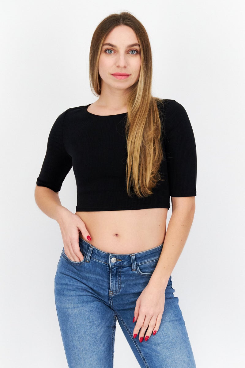 Women Round Neck 3/4 Sleeve Textured Top, Black