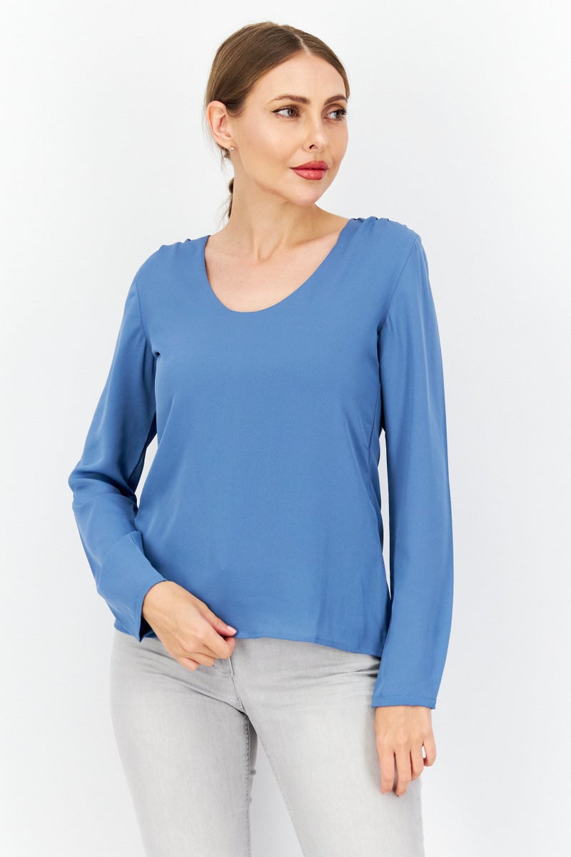 Women U Neck Long Sleeves Plain Top, Blue