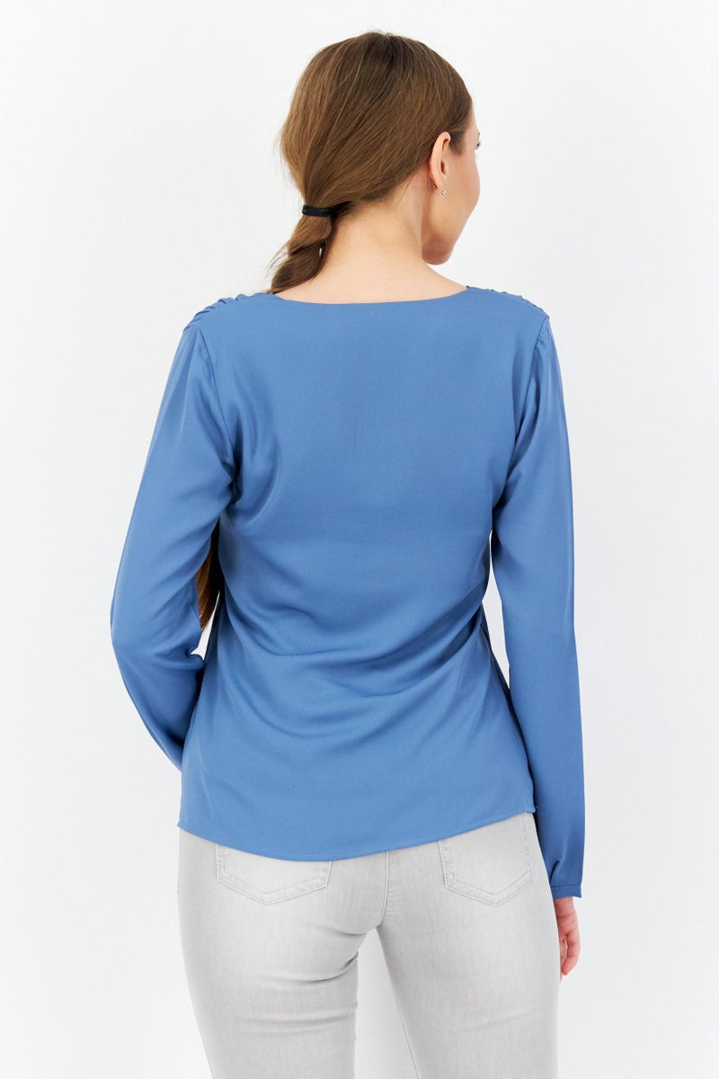 Women U Neck Long Sleeves Plain Top, Blue