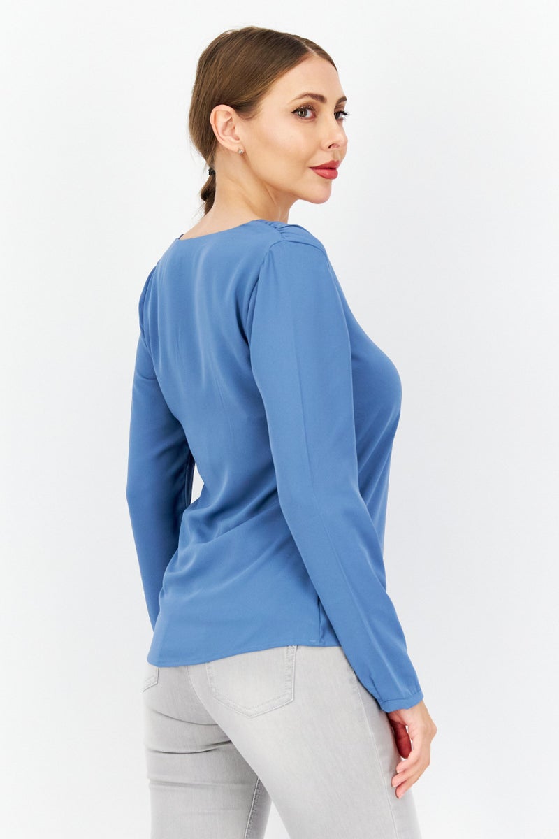 Women U Neck Long Sleeves Plain Top, Blue
