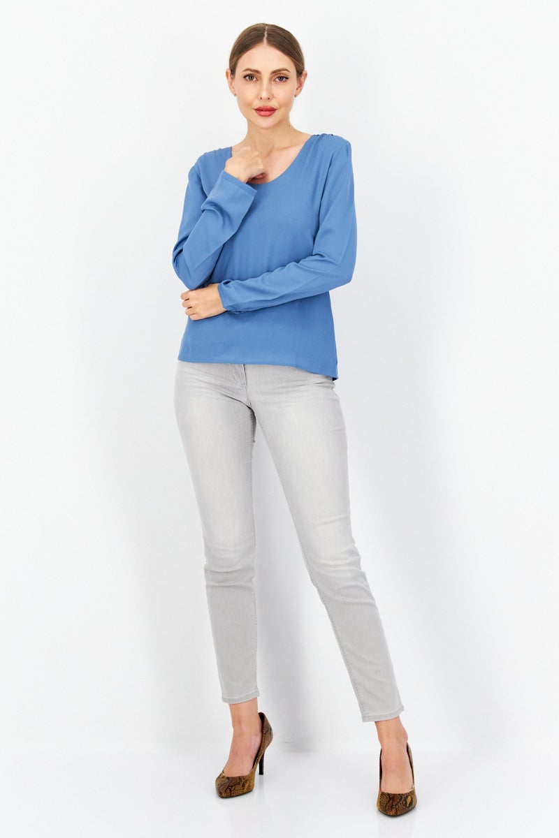 Women U Neck Long Sleeves Plain Top, Blue