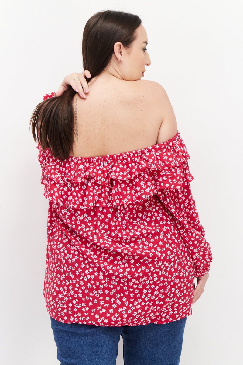 Women Plus  Off Shoulder Floral Pattern Blouse, Fuchsia