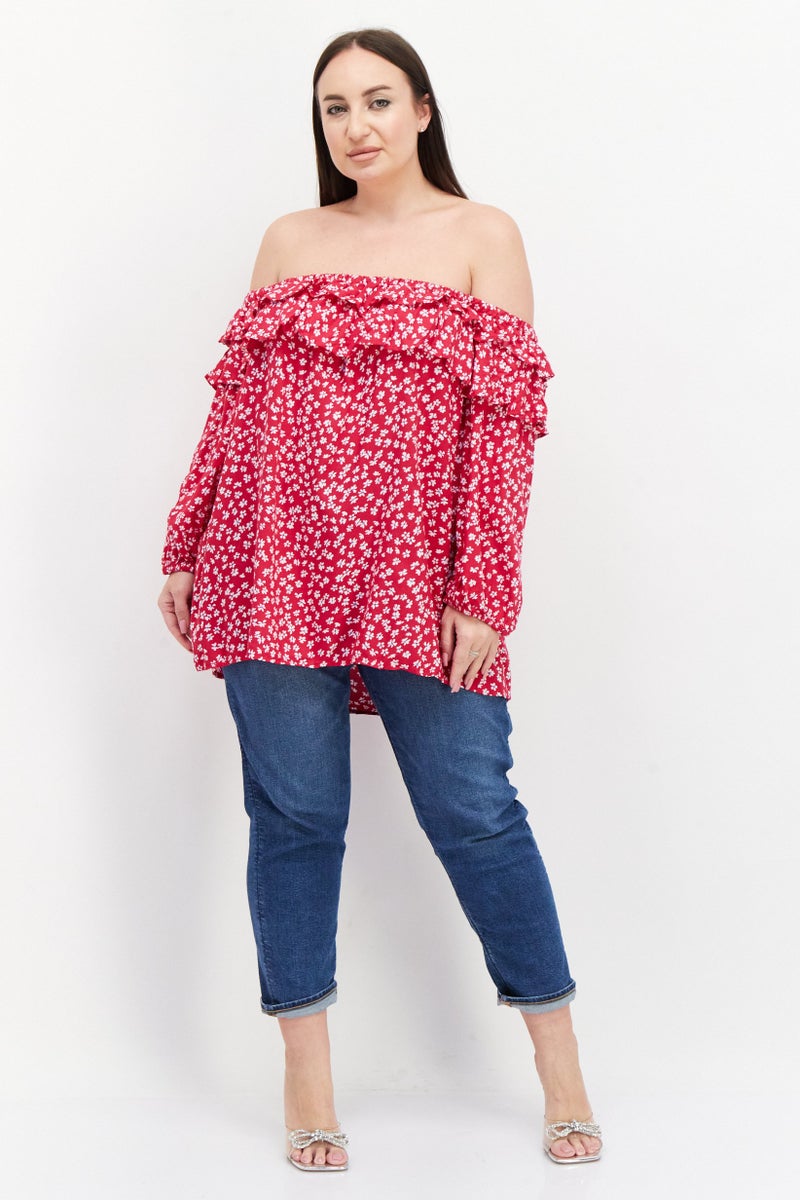 Women Plus  Off Shoulder Floral Pattern Blouse, Fuchsia