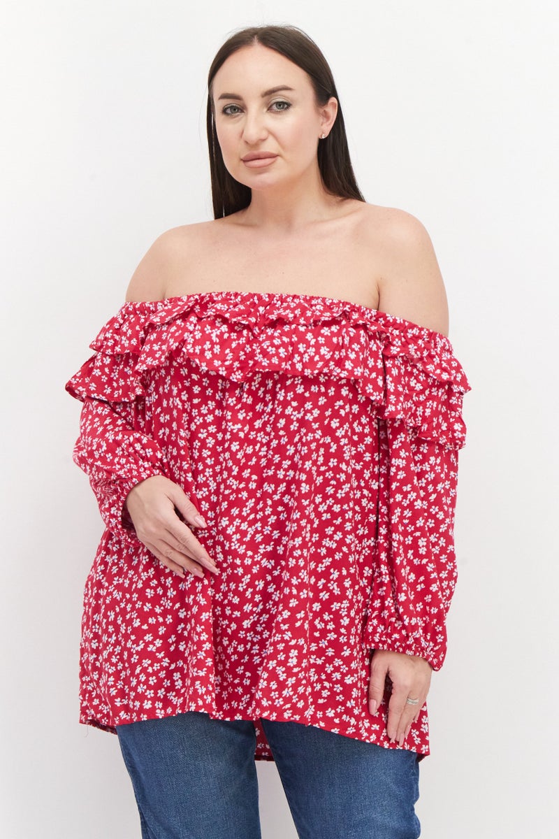 Women Plus  Off Shoulder Floral Pattern Blouse, Fuchsia