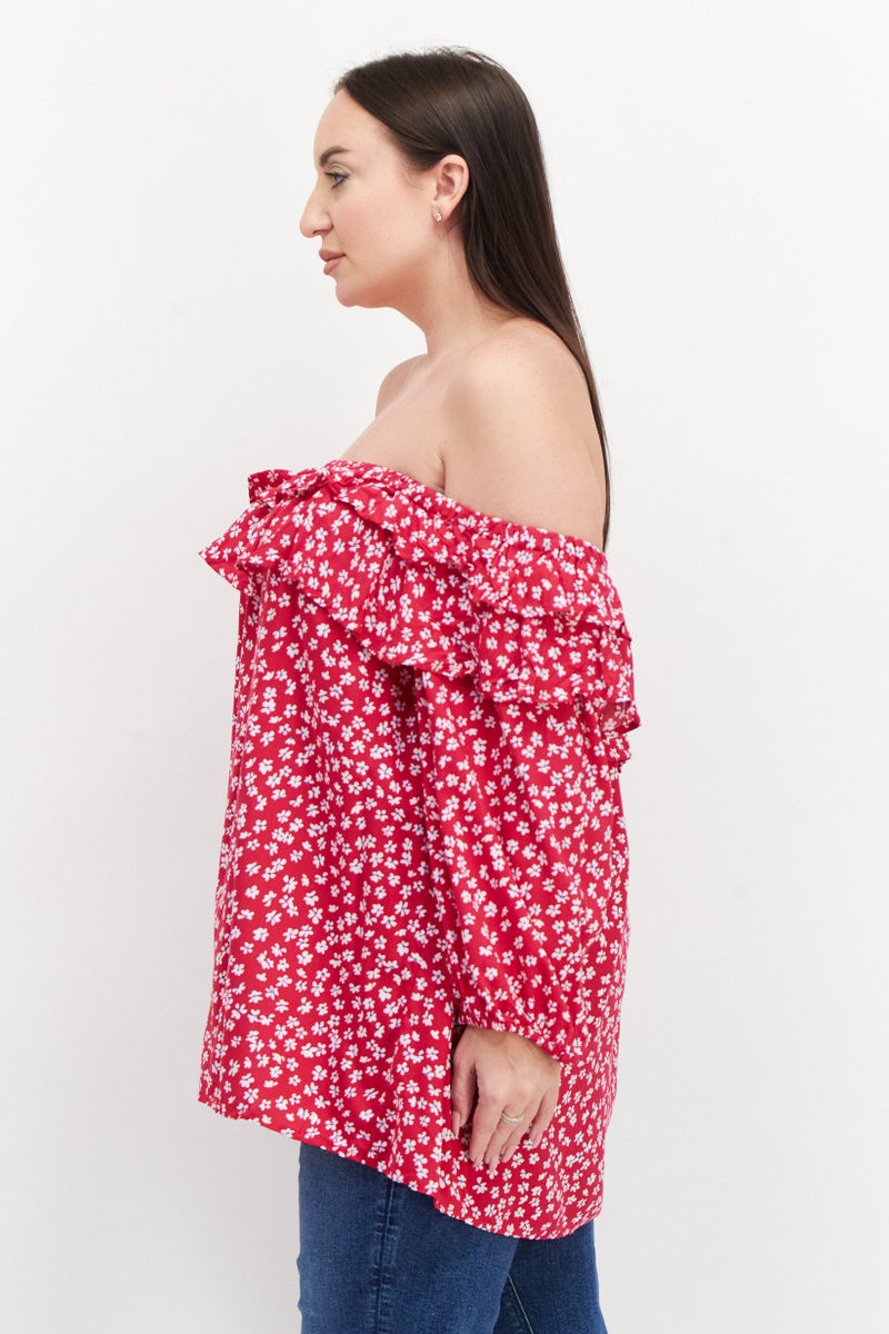 Women Plus  Off Shoulder Floral Pattern Blouse, Fuchsia