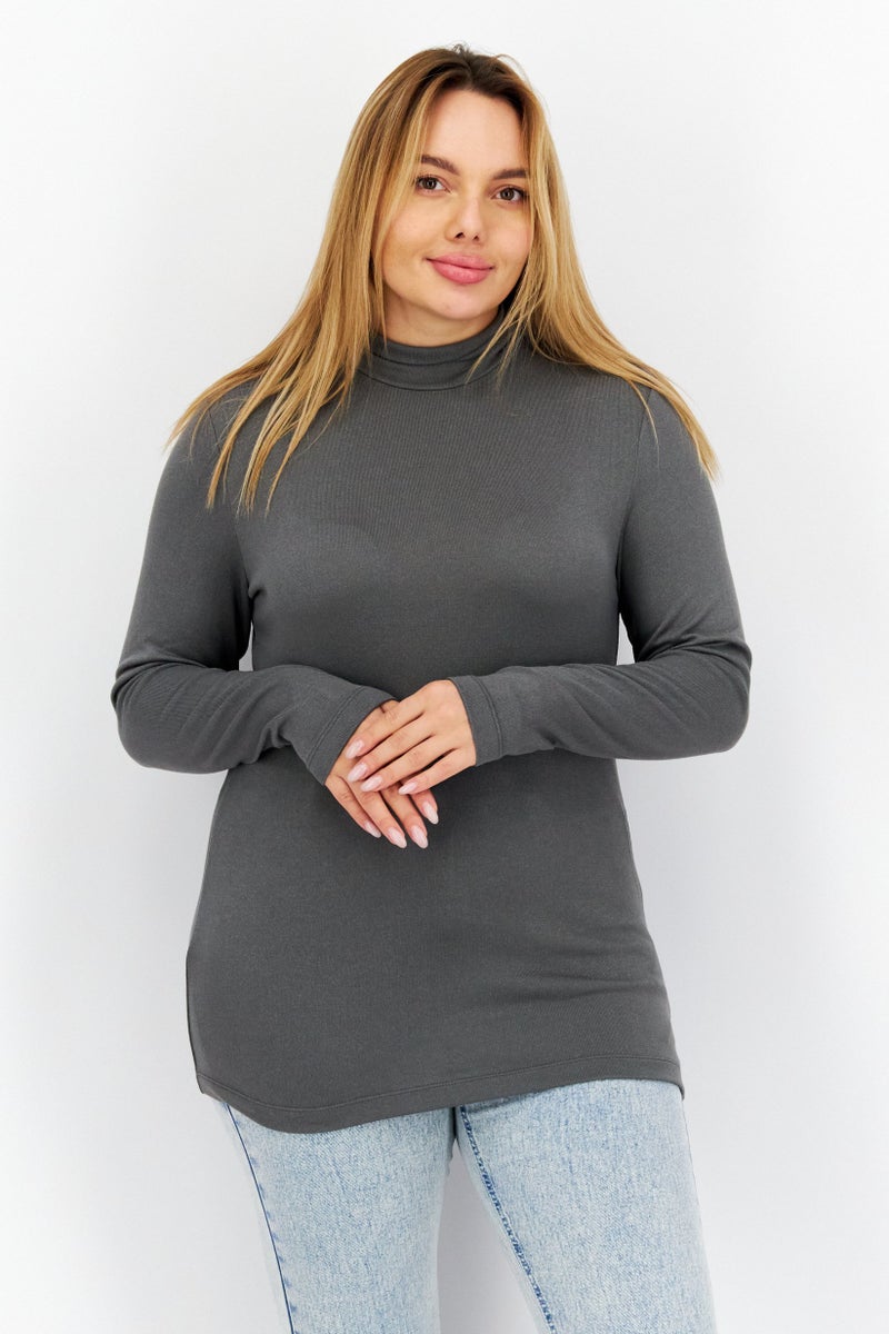 Women Mock Neck Long Sleeve Knitted Blouse, Grey