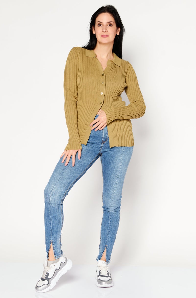 Women Spread Collar Long Sleeve Knitted Top, Light Green