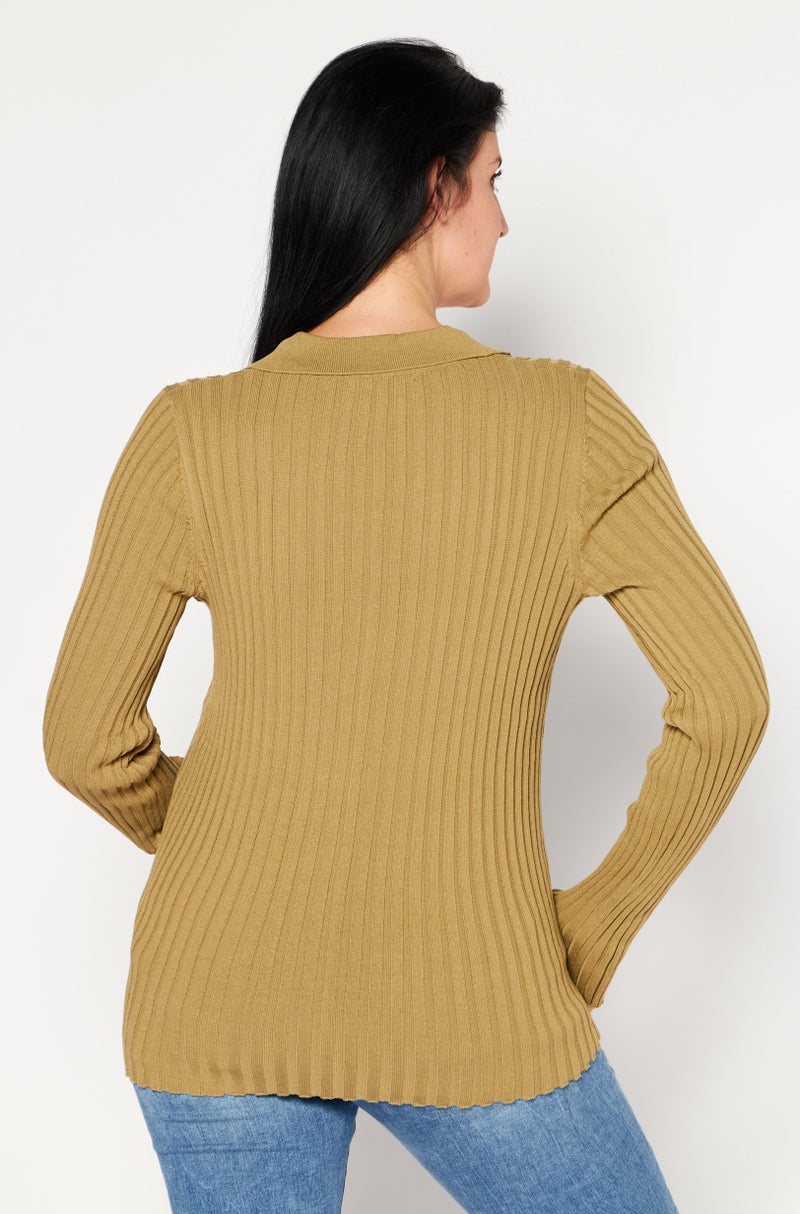 Women Spread Collar Long Sleeve Knitted Top, Light Green