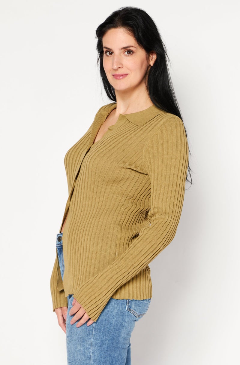 Women Spread Collar Long Sleeve Knitted Top, Light Green