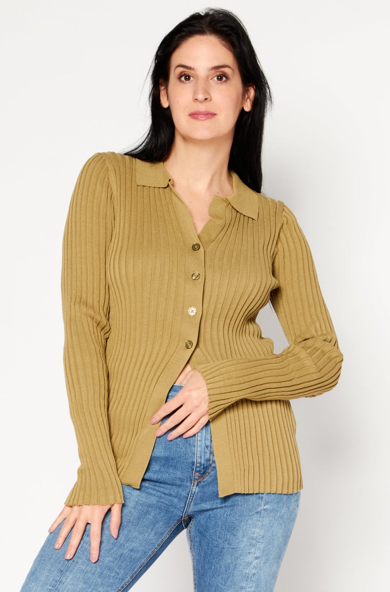 Women Spread Collar Long Sleeve Knitted Top, Light Green