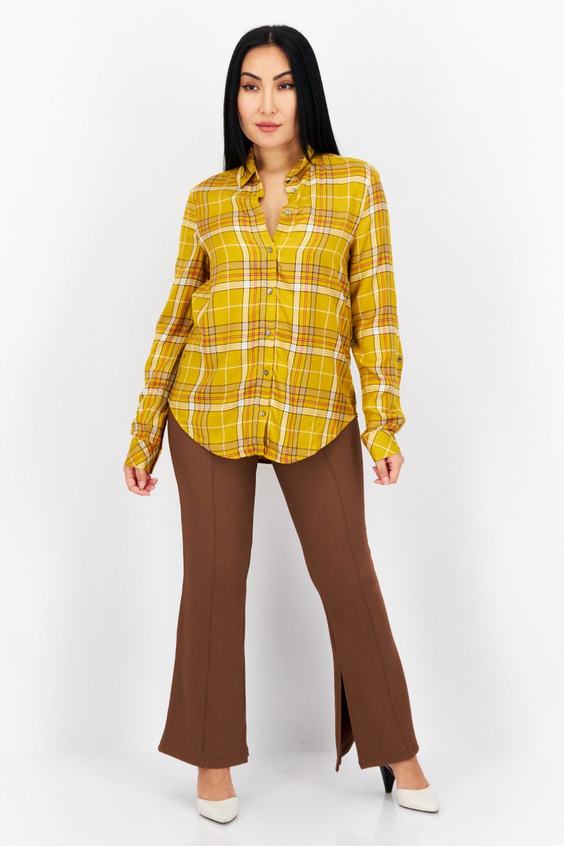 Women Spread Collar Plaid Long Sleeves Blouse, Orange Combo