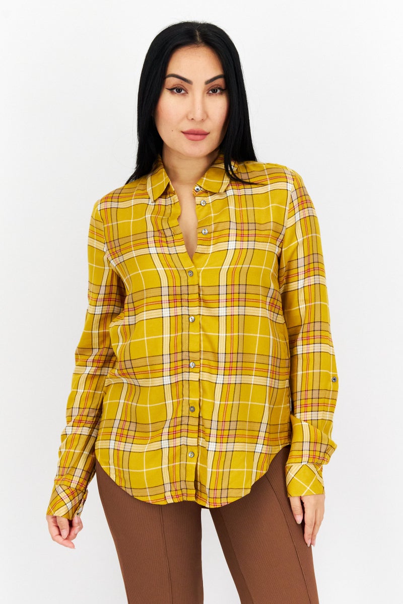 Women Spread Collar Plaid Long Sleeves Blouse, Orange Combo