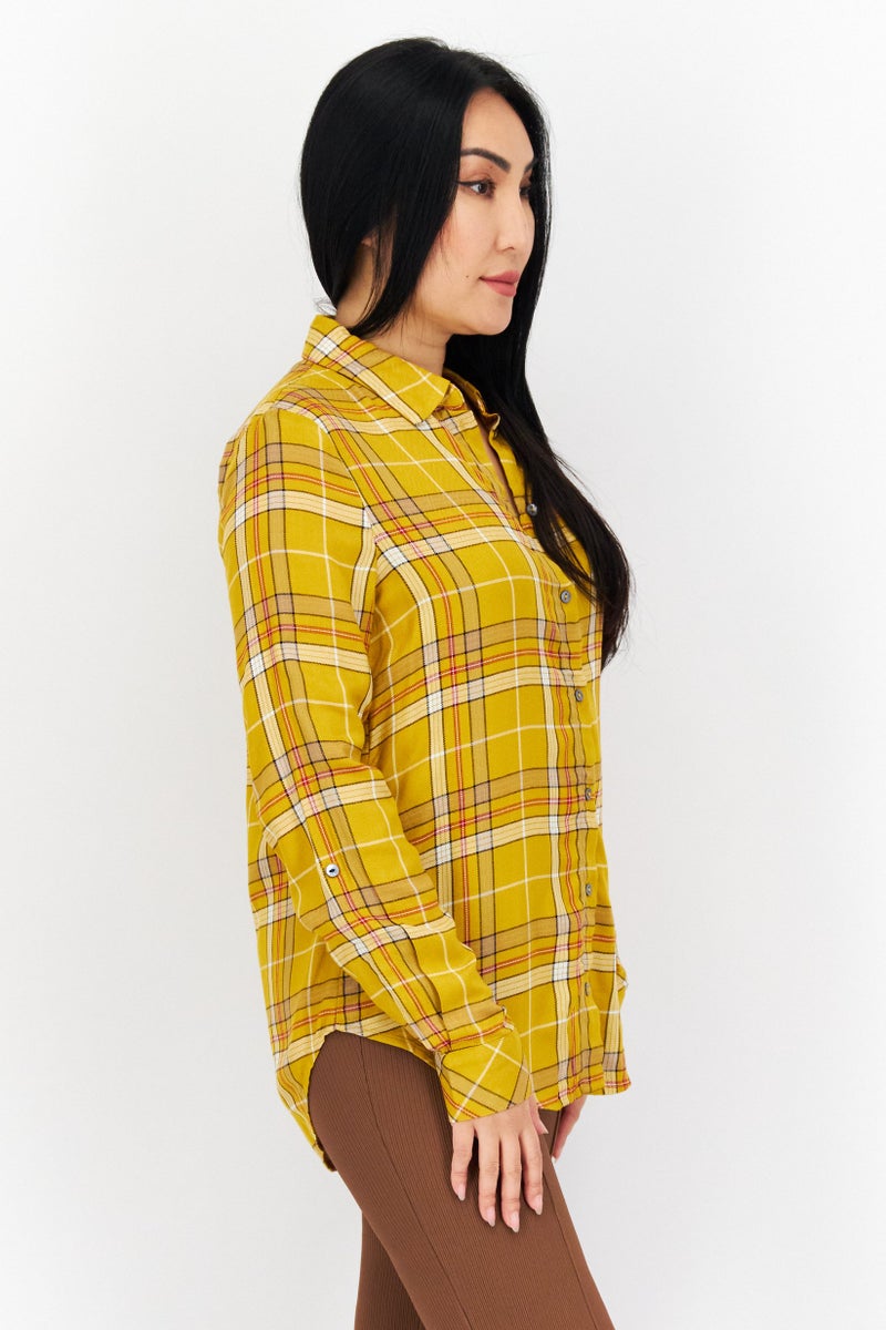 Women Spread Collar Plaid Long Sleeves Blouse, Orange Combo