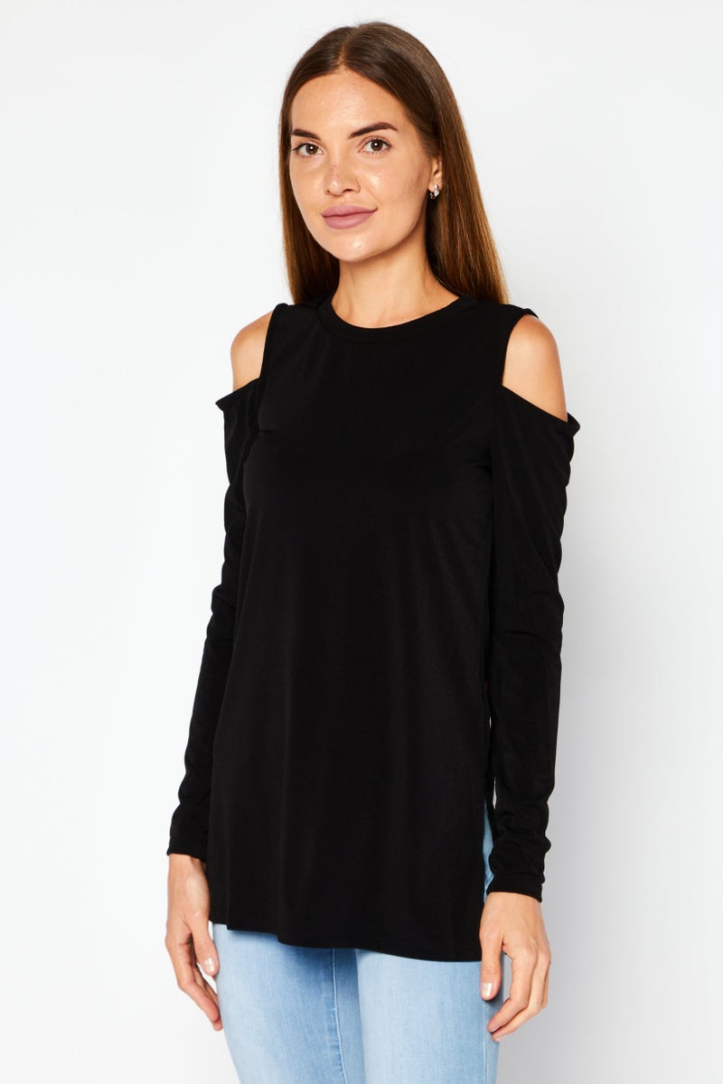 Women Crew Neck Long Sleeve Solid Top, Black