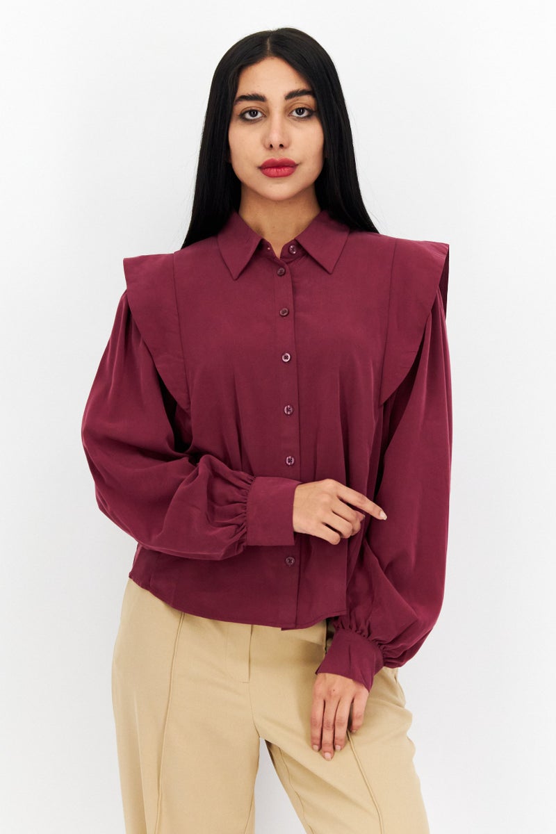 Women Spread Collar Long Sleeve Plain Blouse, Maroon