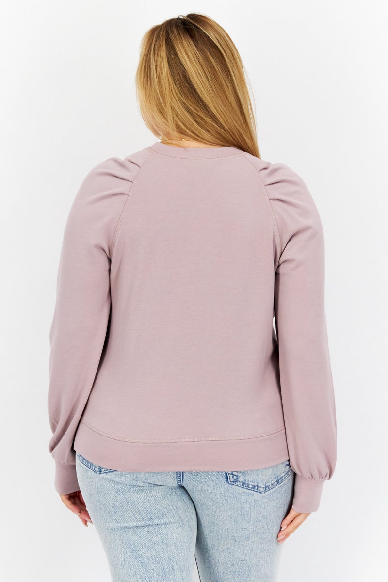 Women Round Neck Long Sleeves Plain Blouse, Mauve