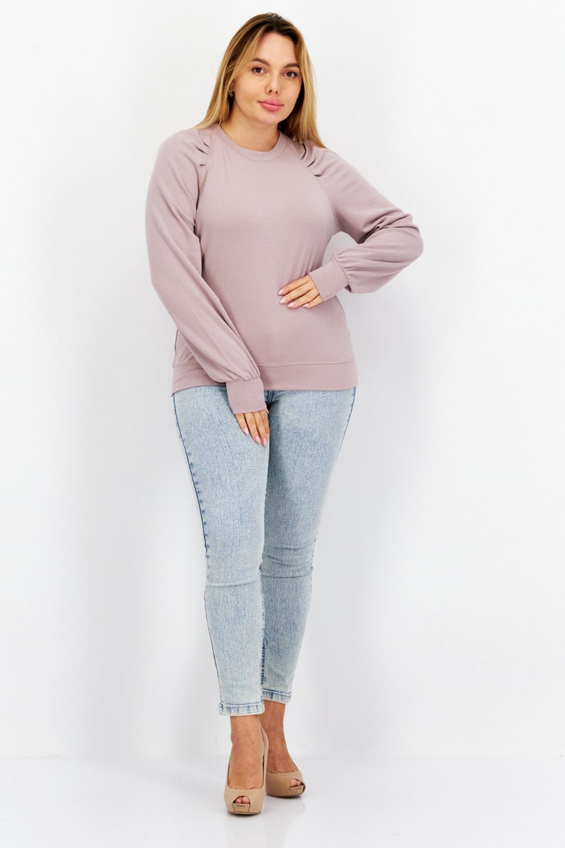 Women Round Neck Long Sleeves Plain Blouse, Mauve