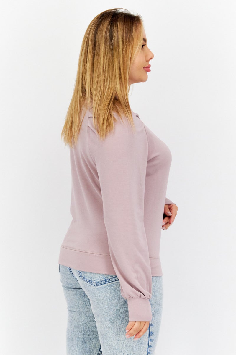 Women Round Neck Long Sleeves Plain Blouse, Mauve