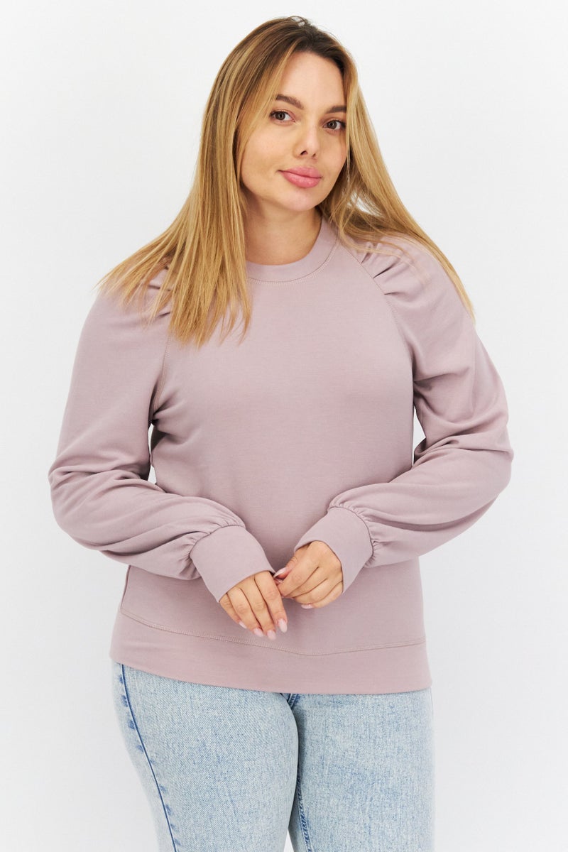 Women Round Neck Long Sleeves Plain Blouse, Mauve