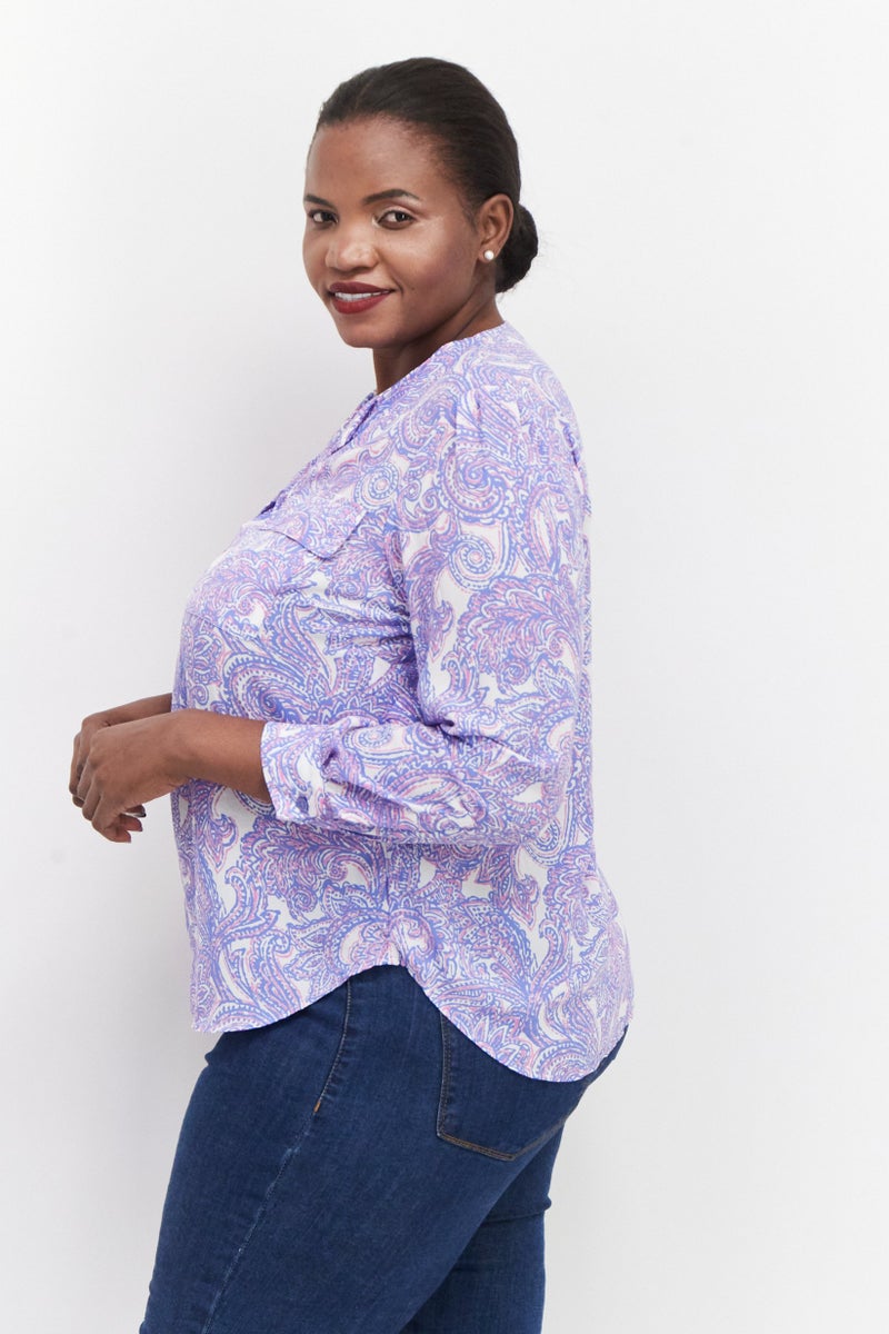 Women Plus Size Split Neck Long Sleeve All Over Printed Top, Purple/White