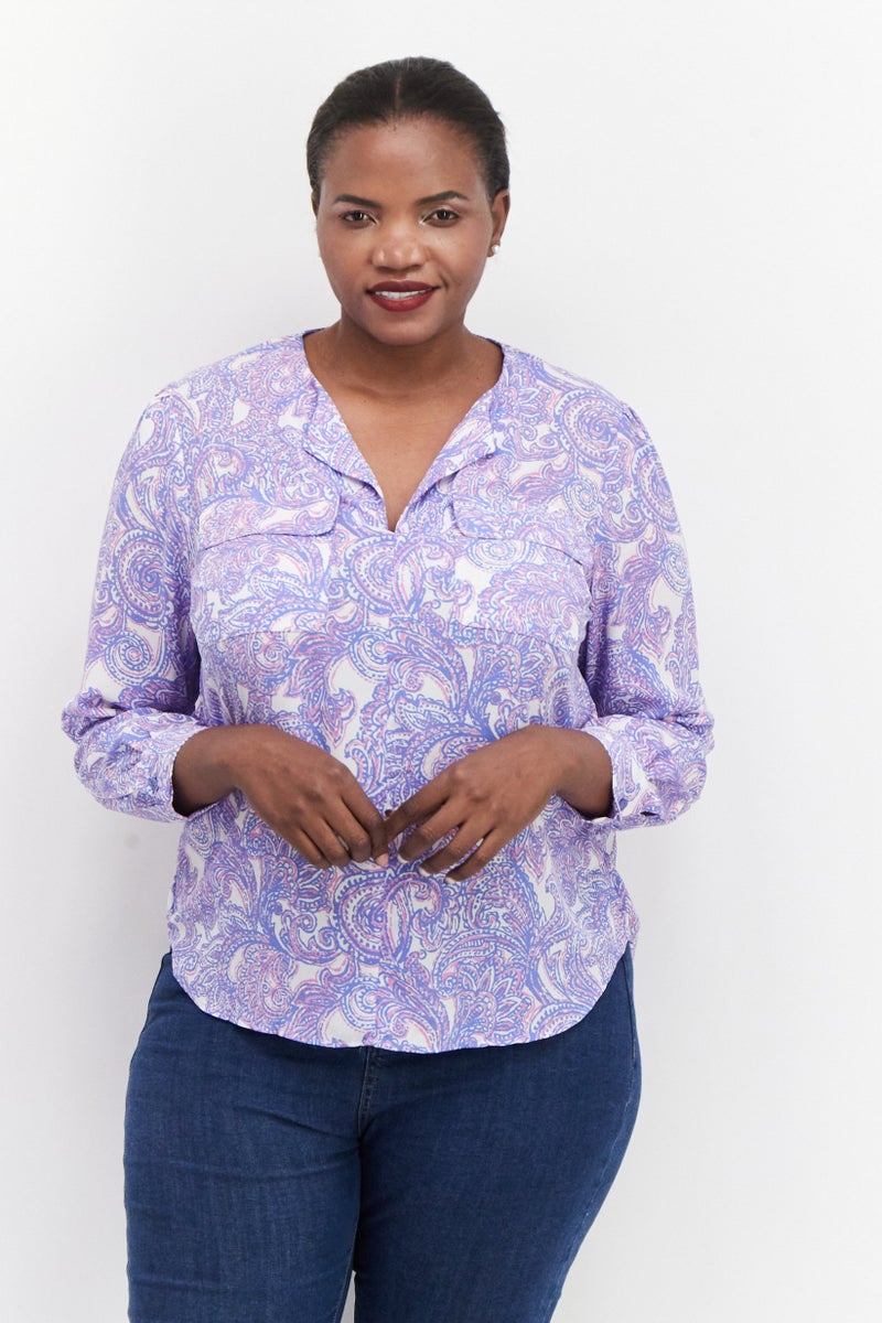 Women Plus Size Split Neck Long Sleeve All Over Printed Top, Purple/White