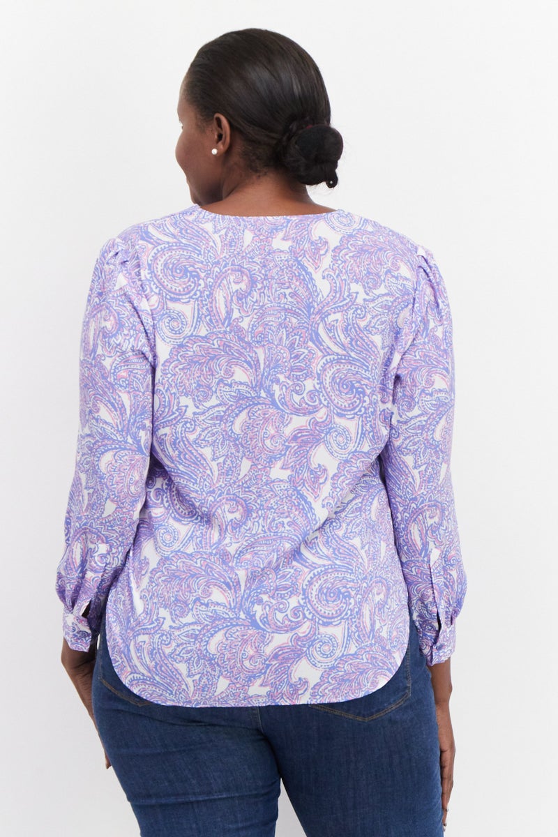 Women Plus Size Split Neck Long Sleeve All Over Printed Top, Purple/White