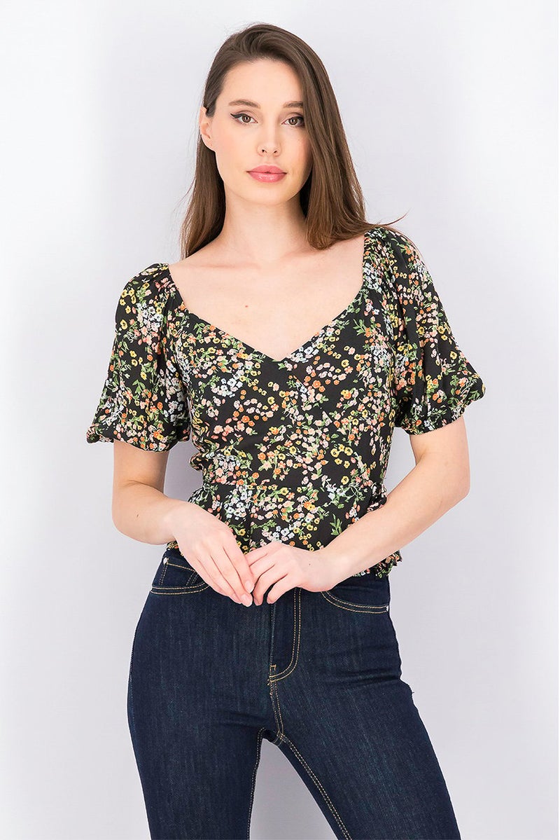 Women Floral Puff Sleeves Top, Black Combo