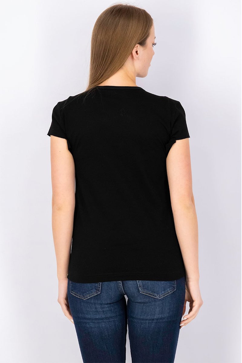 Women Round Neck Short Sleeve Plain Top, Black