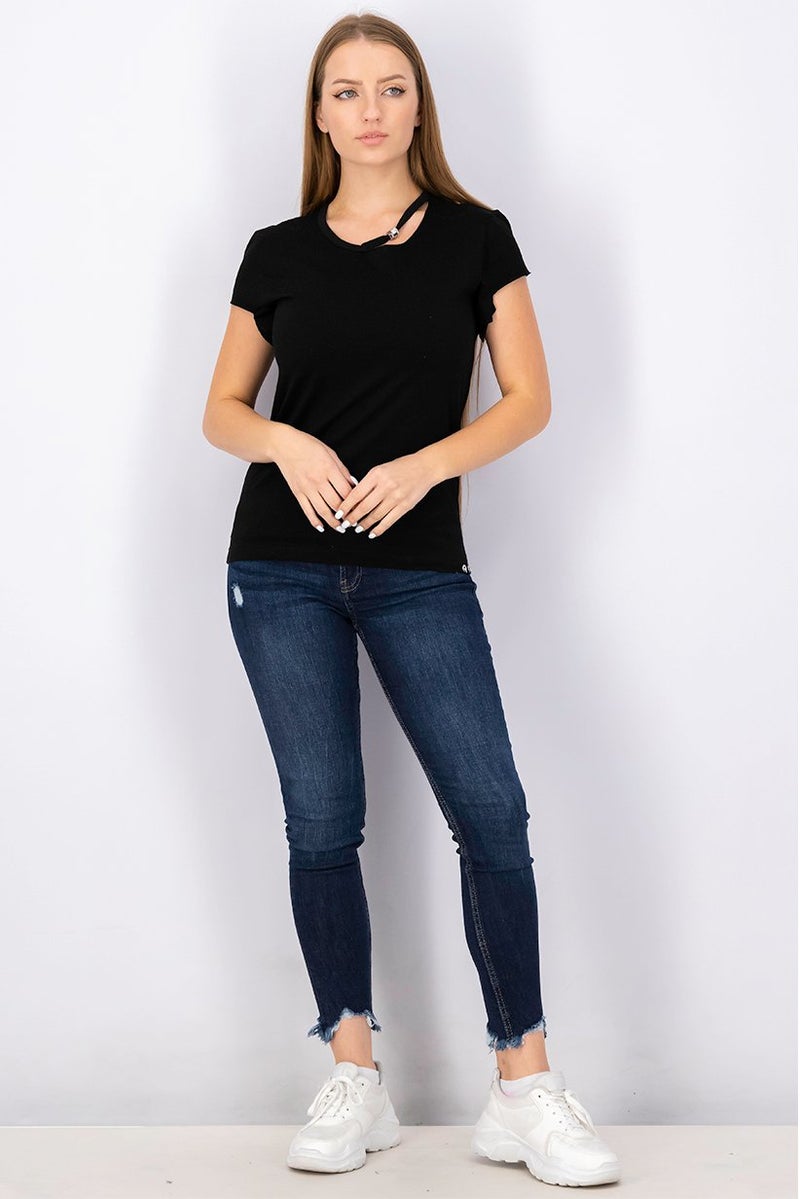 Women Round Neck Short Sleeve Plain Top, Black