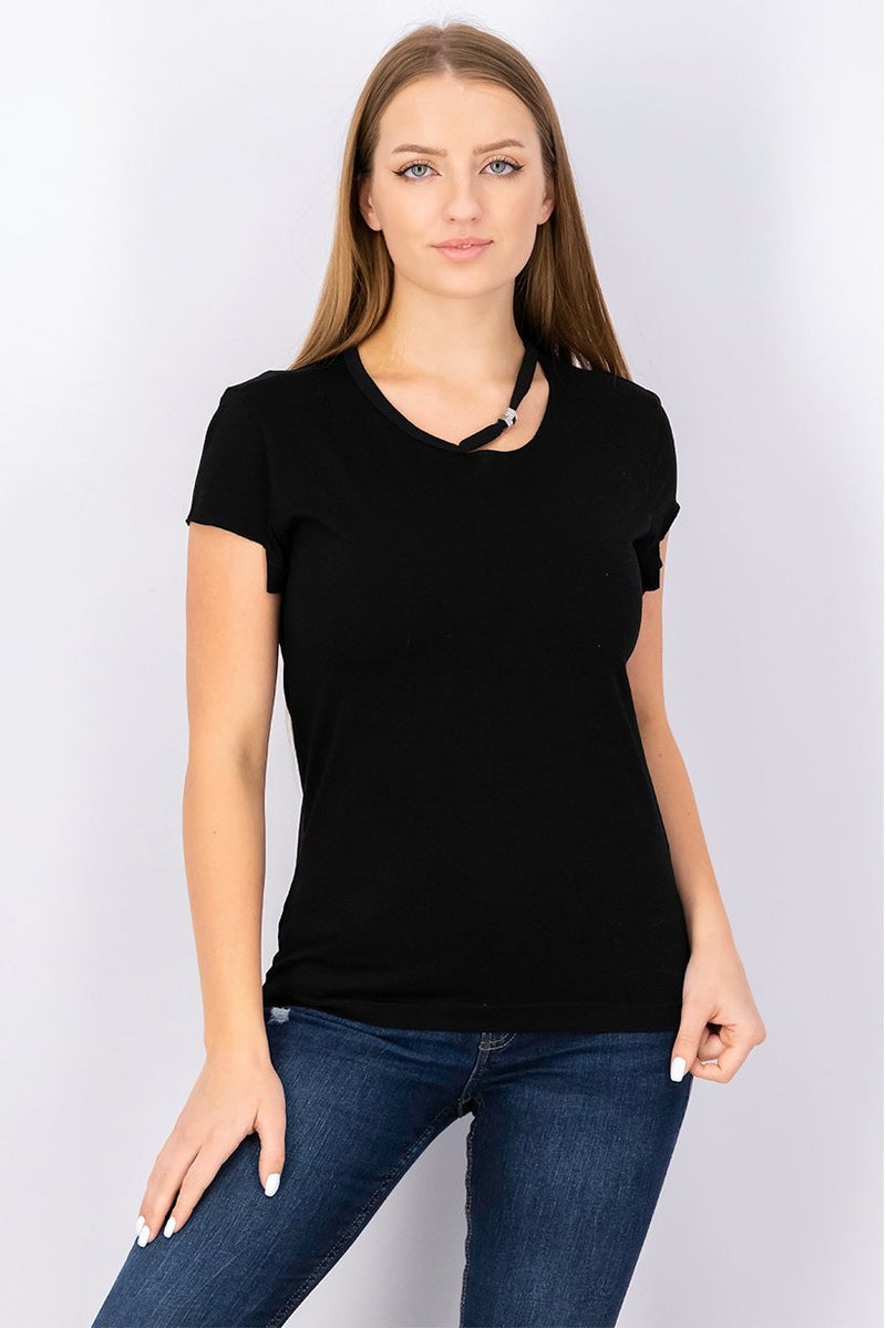 Women Round Neck Short Sleeve Plain Top, Black