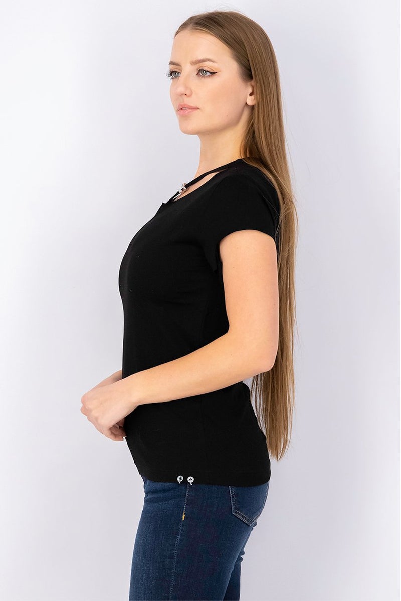 Women Round Neck Short Sleeve Plain Top, Black