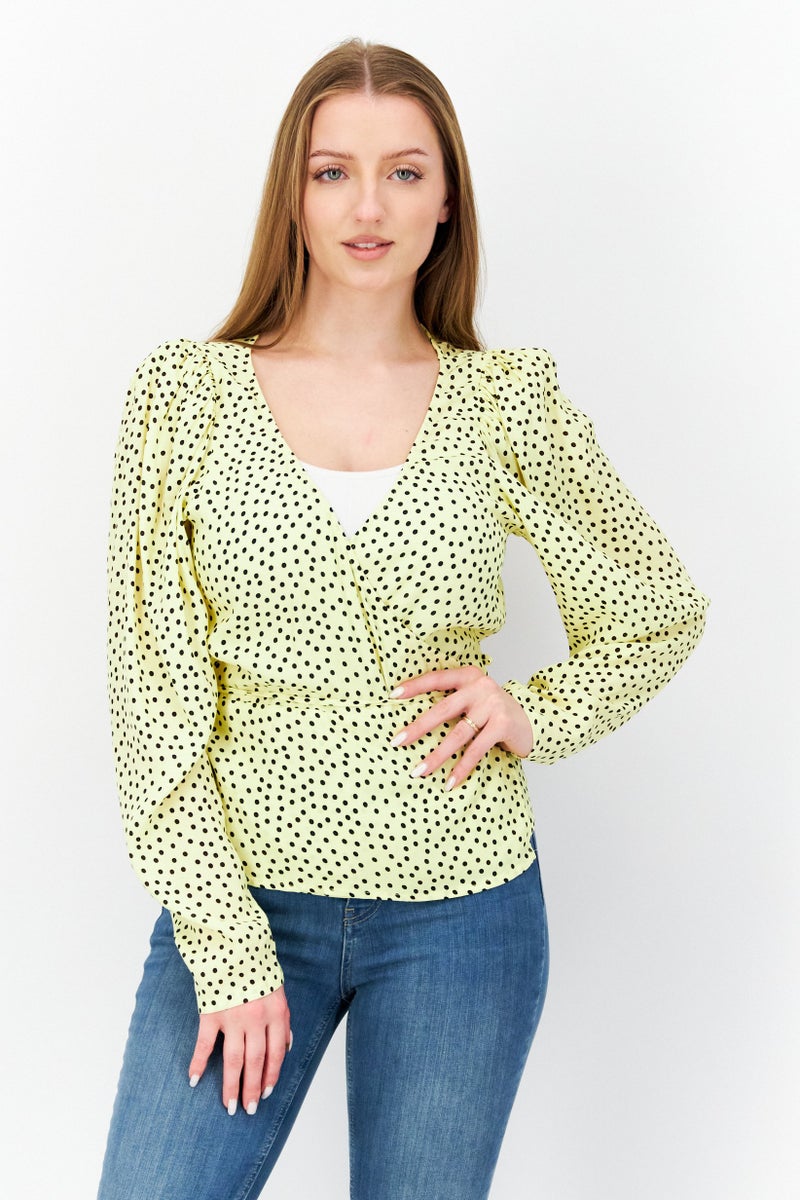 Women Surplice Neck Long Sleeves Polka Dots Blouse, Yellow