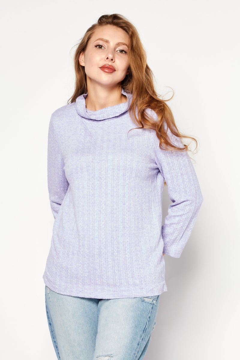 Women Mock Neck 3/4 Sleeve Solid Top, Lavender