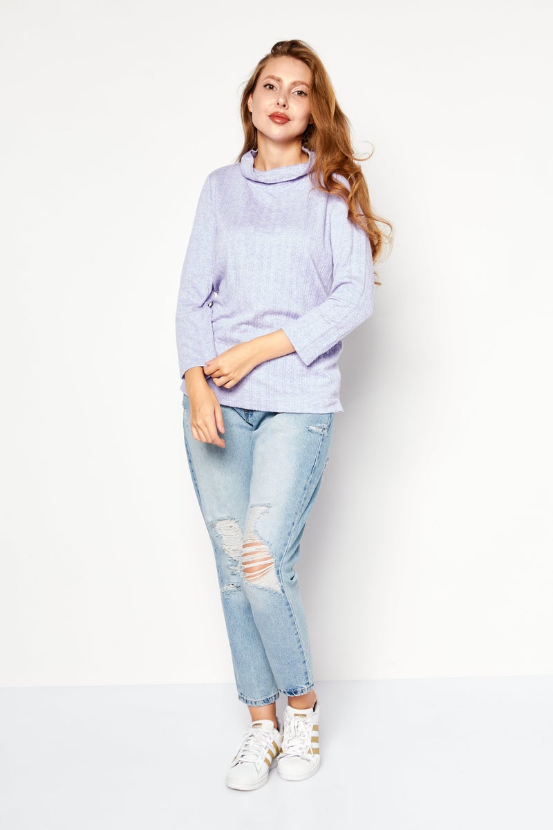 Women Mock Neck 3/4 Sleeve Solid Top, Lavender