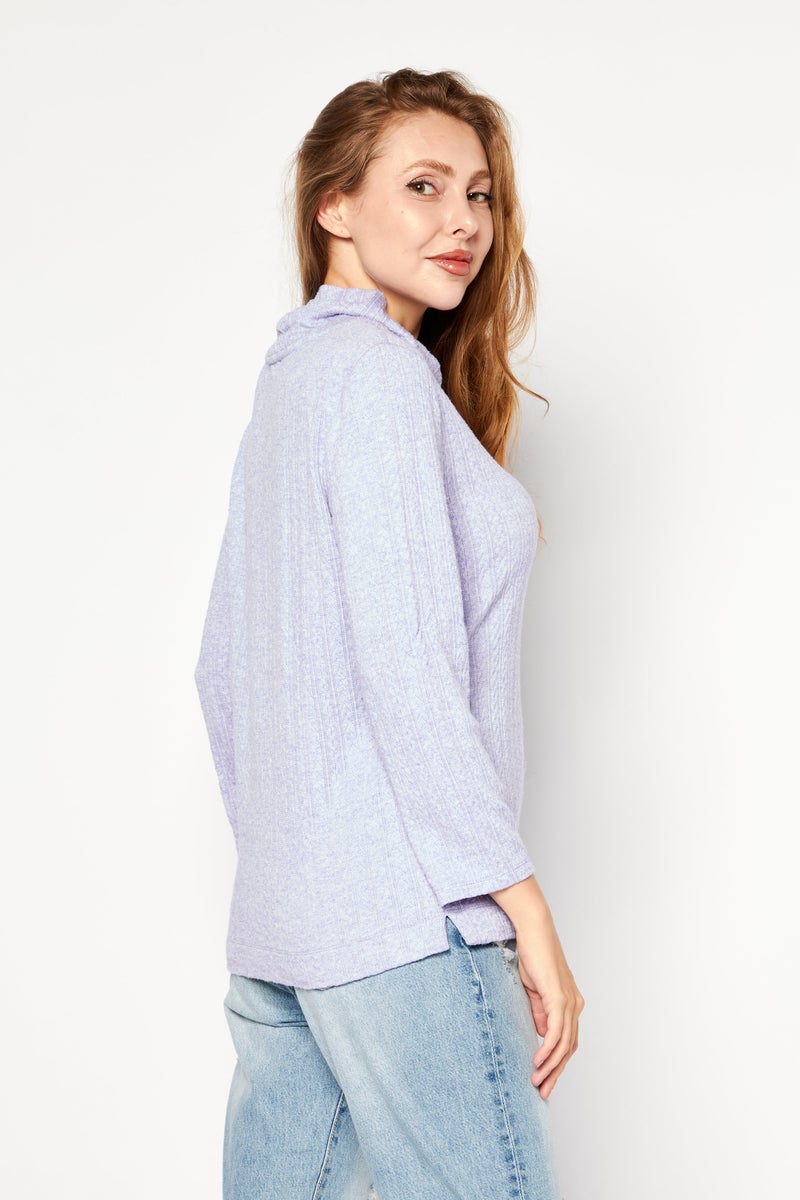 Women Mock Neck 3/4 Sleeve Solid Top, Lavender