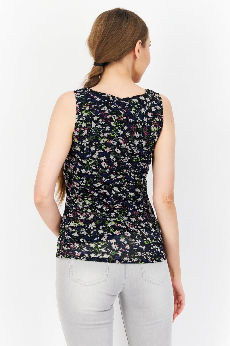 Women Cowl Neck Sleeveless Allover Printed Tops, Black Combo