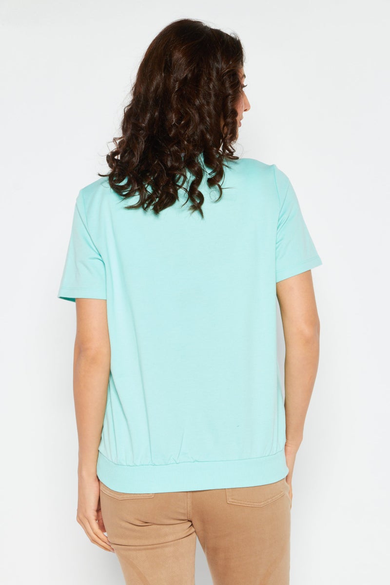 Women Crew Neck Short Sleeve Embroidered Top, Sky Blue