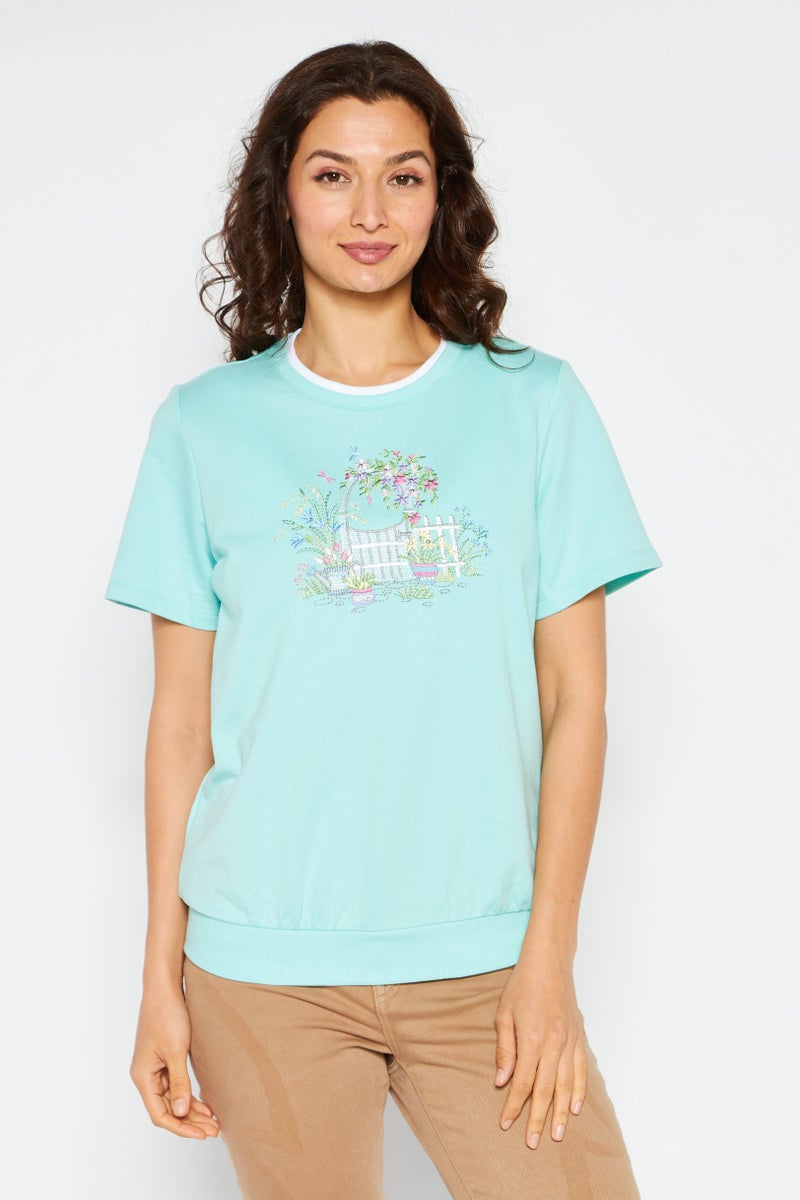 Women Crew Neck Short Sleeve Embroidered Top, Sky Blue