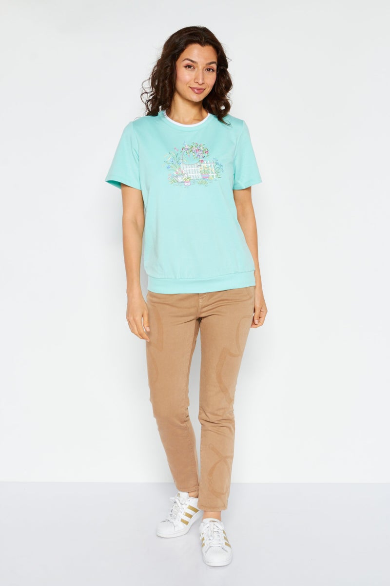 Women Crew Neck Short Sleeve Embroidered Top, Sky Blue