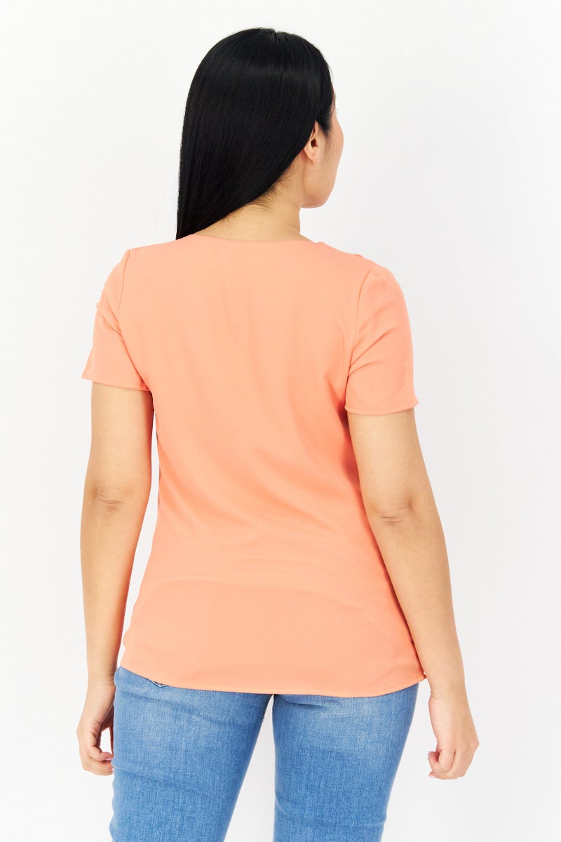 Women V-Neck Short Sleeves Plain Blouse, Orange