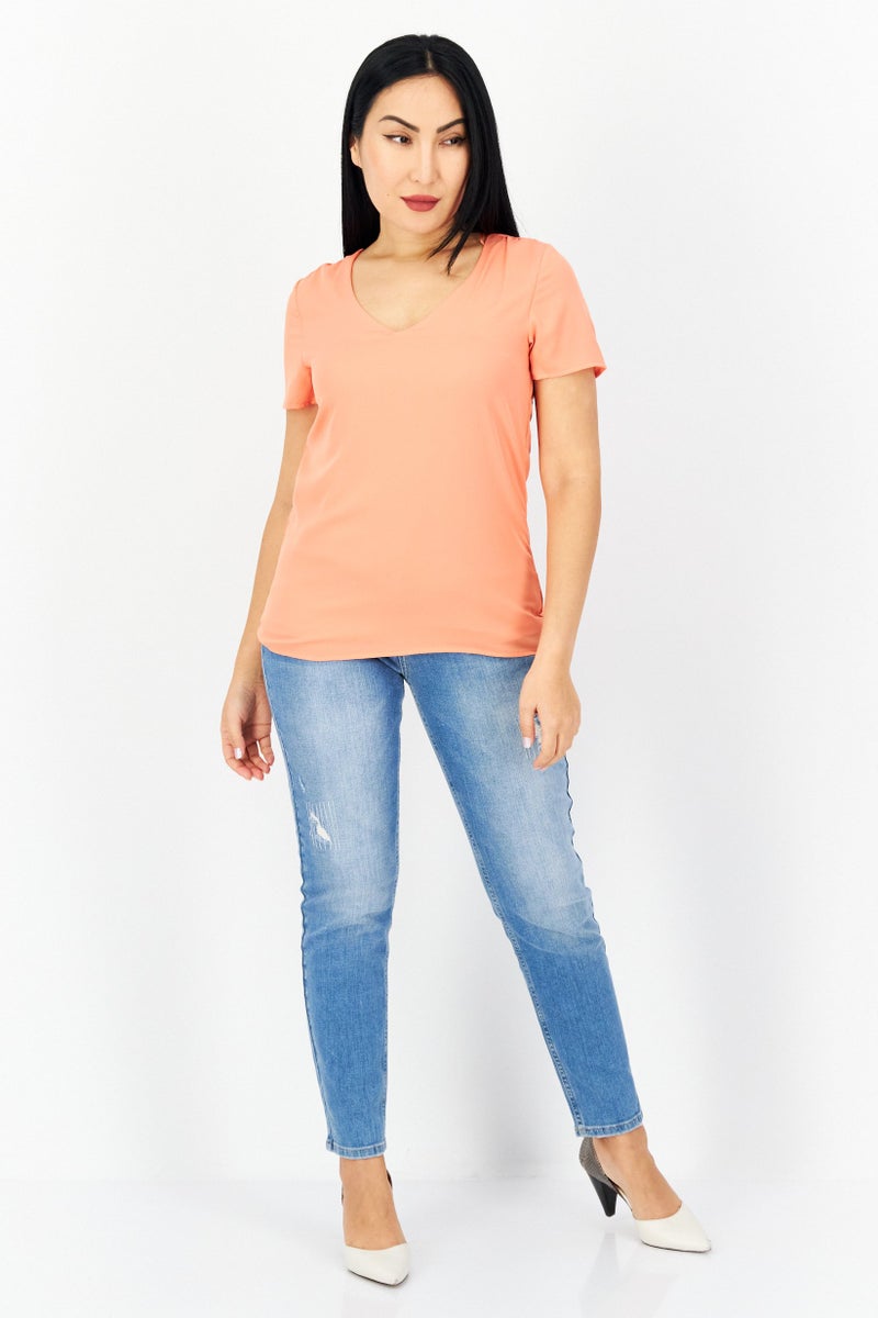 Women V-Neck Short Sleeves Plain Blouse, Orange