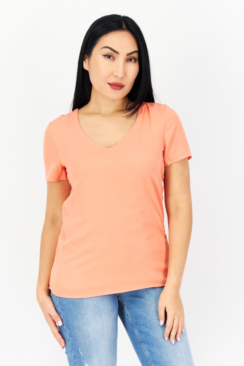 Women V-Neck Short Sleeves Plain Blouse, Orange