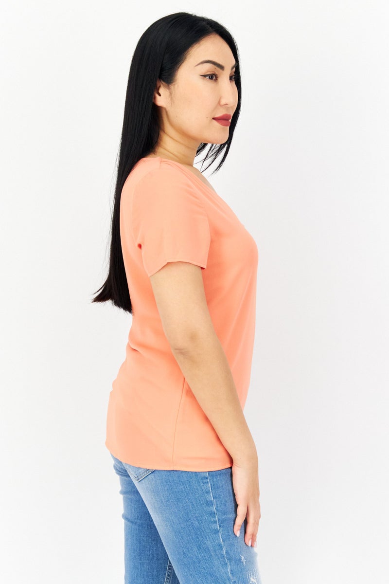 Women V-Neck Short Sleeves Plain Blouse, Orange