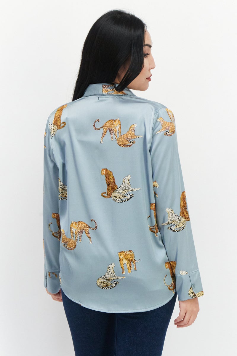 Women Split Neck Long Sleeves Allover Print Shirt, Grey
