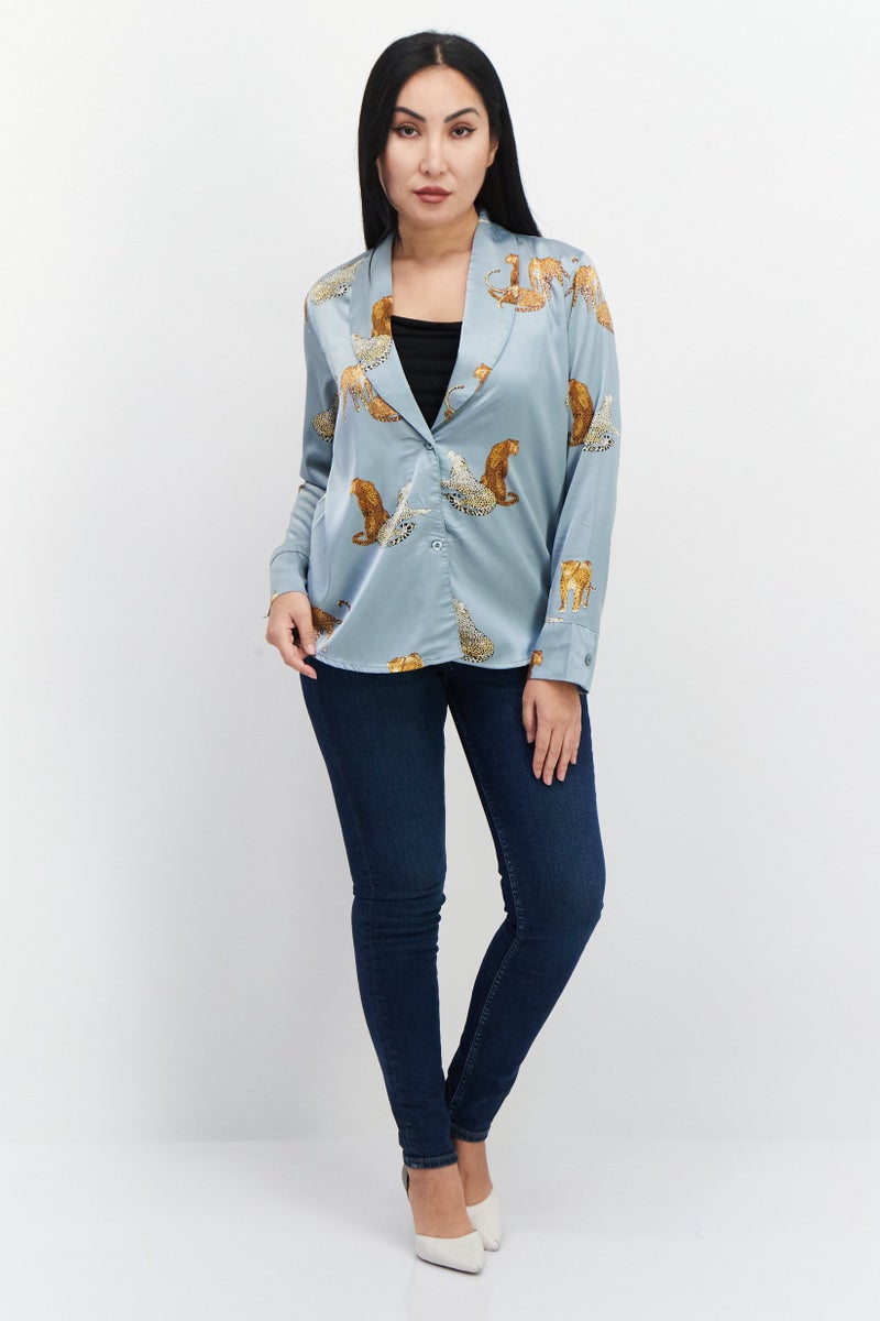 Women Split Neck Long Sleeves Allover Print Shirt, Grey