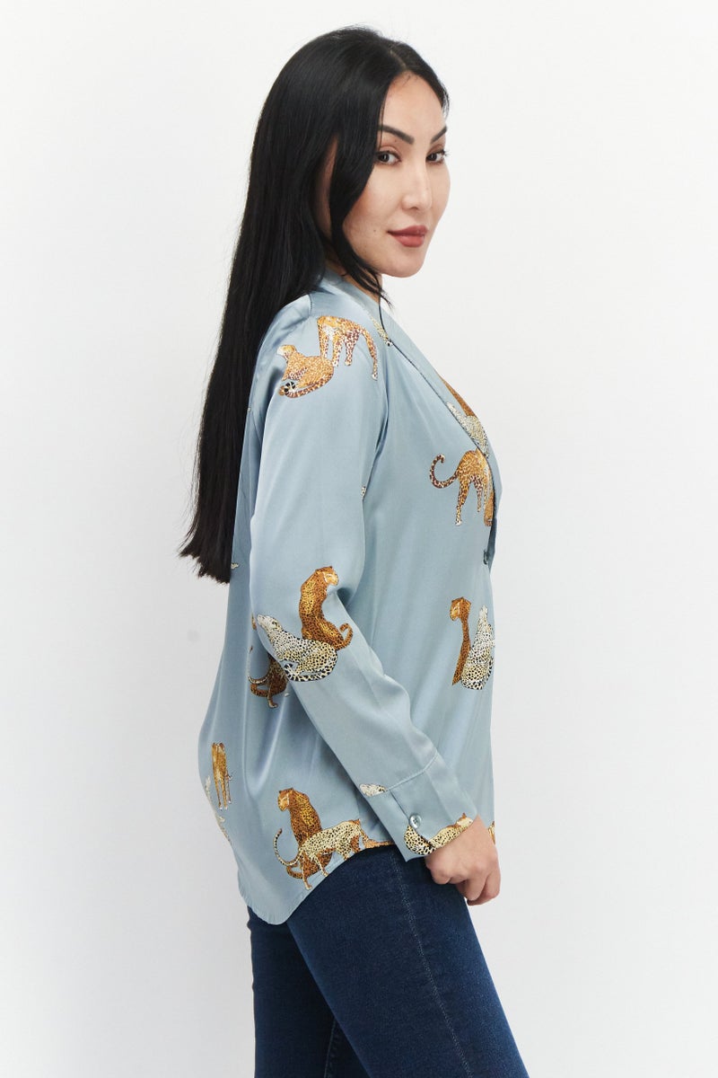 Women Split Neck Long Sleeves Allover Print Shirt, Grey