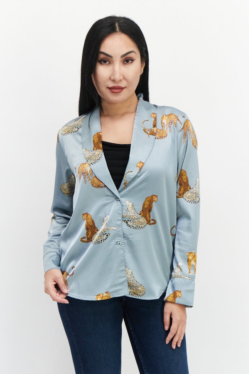 Women Split Neck Long Sleeves Allover Print Shirt, Grey