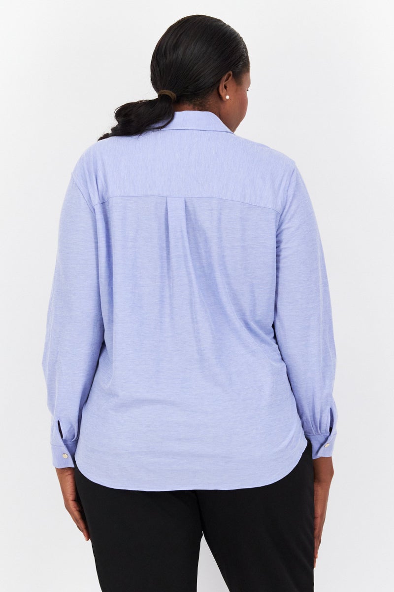 Women Spread Collar Long Sleeves Plain T-Shirt, Blue