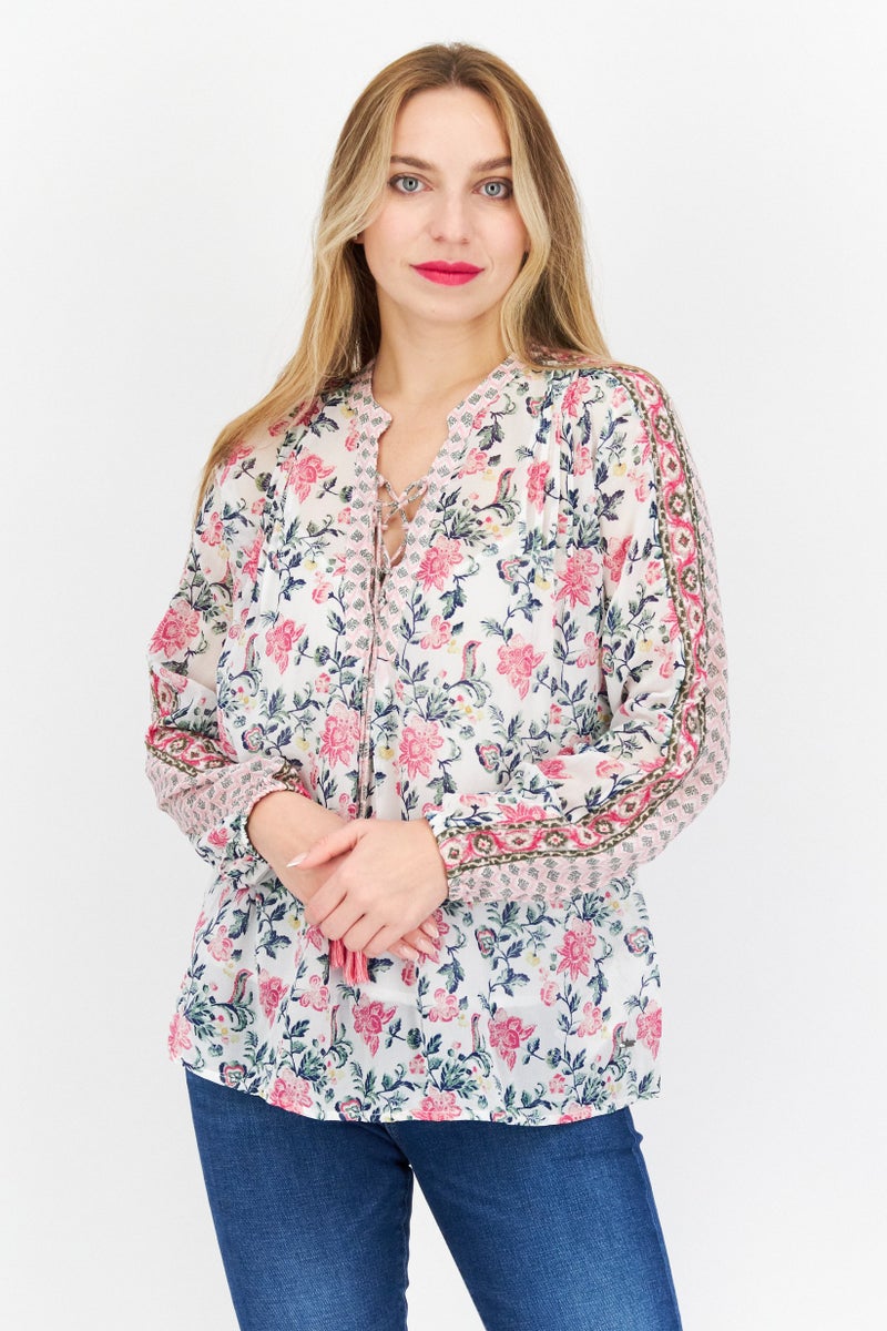 Women Tie Neck Long Sleeves Floral Print Blouse, Pink Combo